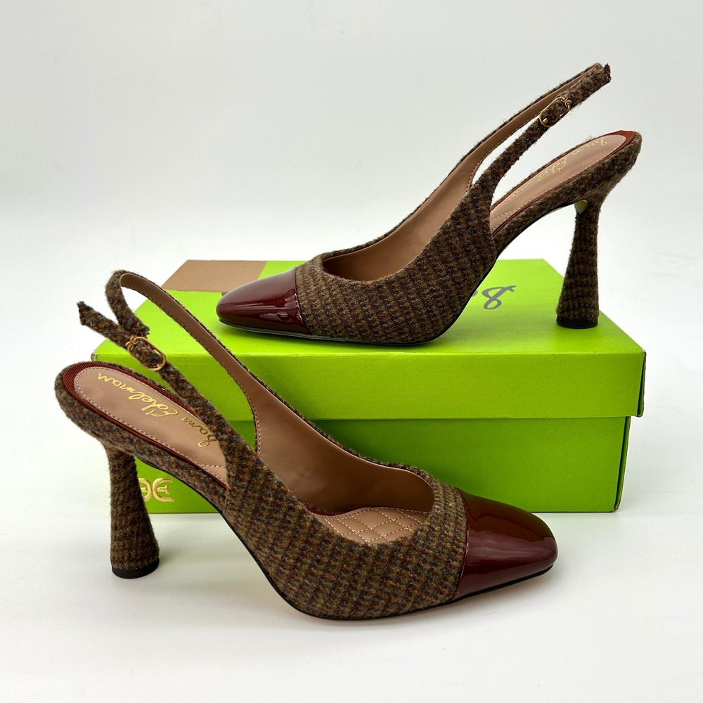 Womens Slingback Pumps Sam Edelman Essa Size 9.5 Brown Plaid Polyester Heels NEW